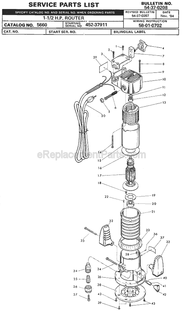 Page A Diagram and Parts List for 5660 SER 452-37911 Milwaukee Router