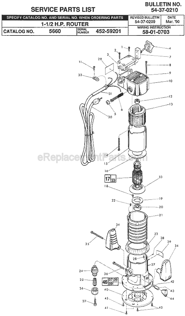 Page A Diagram and Parts List for 5660 SER 452-59201 Milwaukee Router
