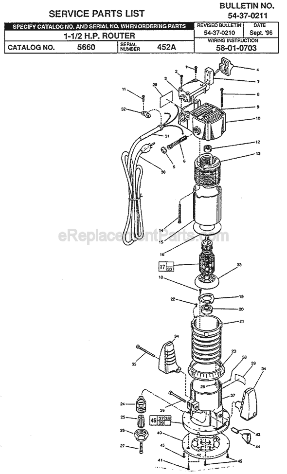 Page A Diagram and Parts List for 5660 SER 452A Milwaukee Router