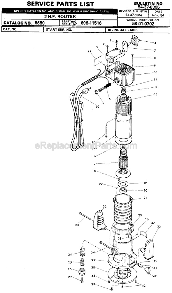 Page A Diagram and Parts List for 5680 SER 608-11516 Milwaukee Router