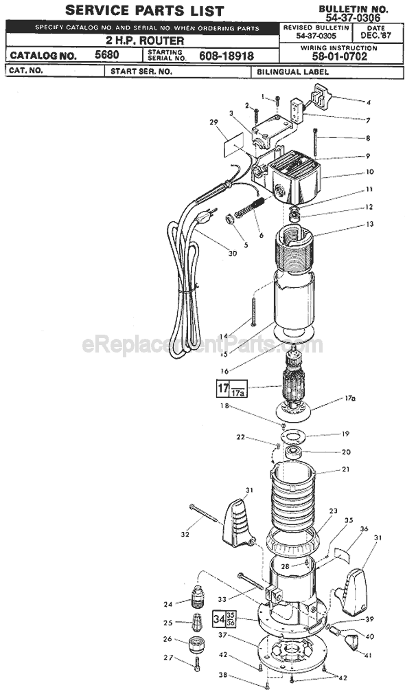 Page A Diagram and Parts List for 5680 SER 608-18918 Milwaukee Router
