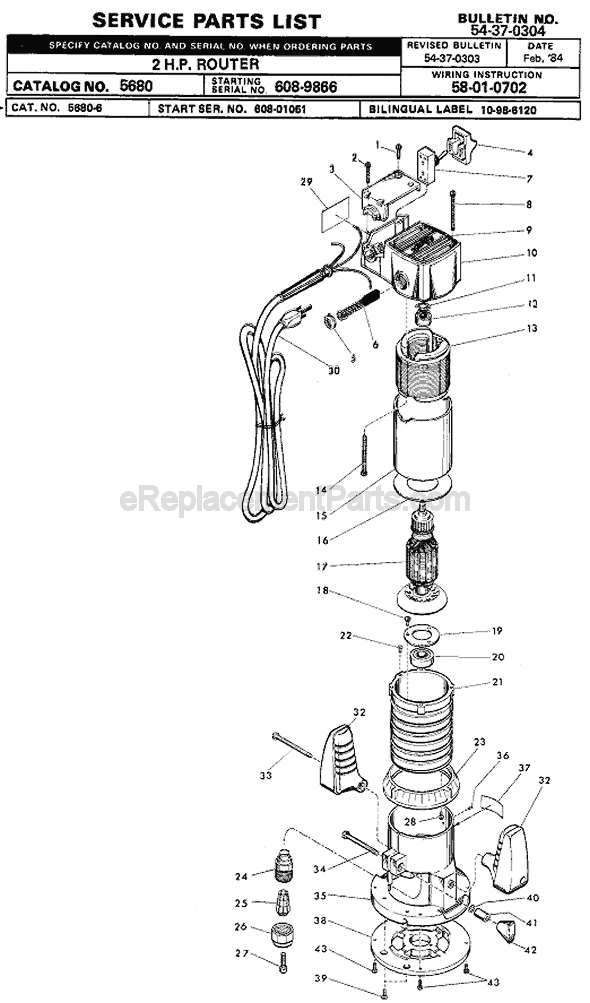 Page A Diagram and Parts List for 5680 SER 608-9866 Milwaukee Router