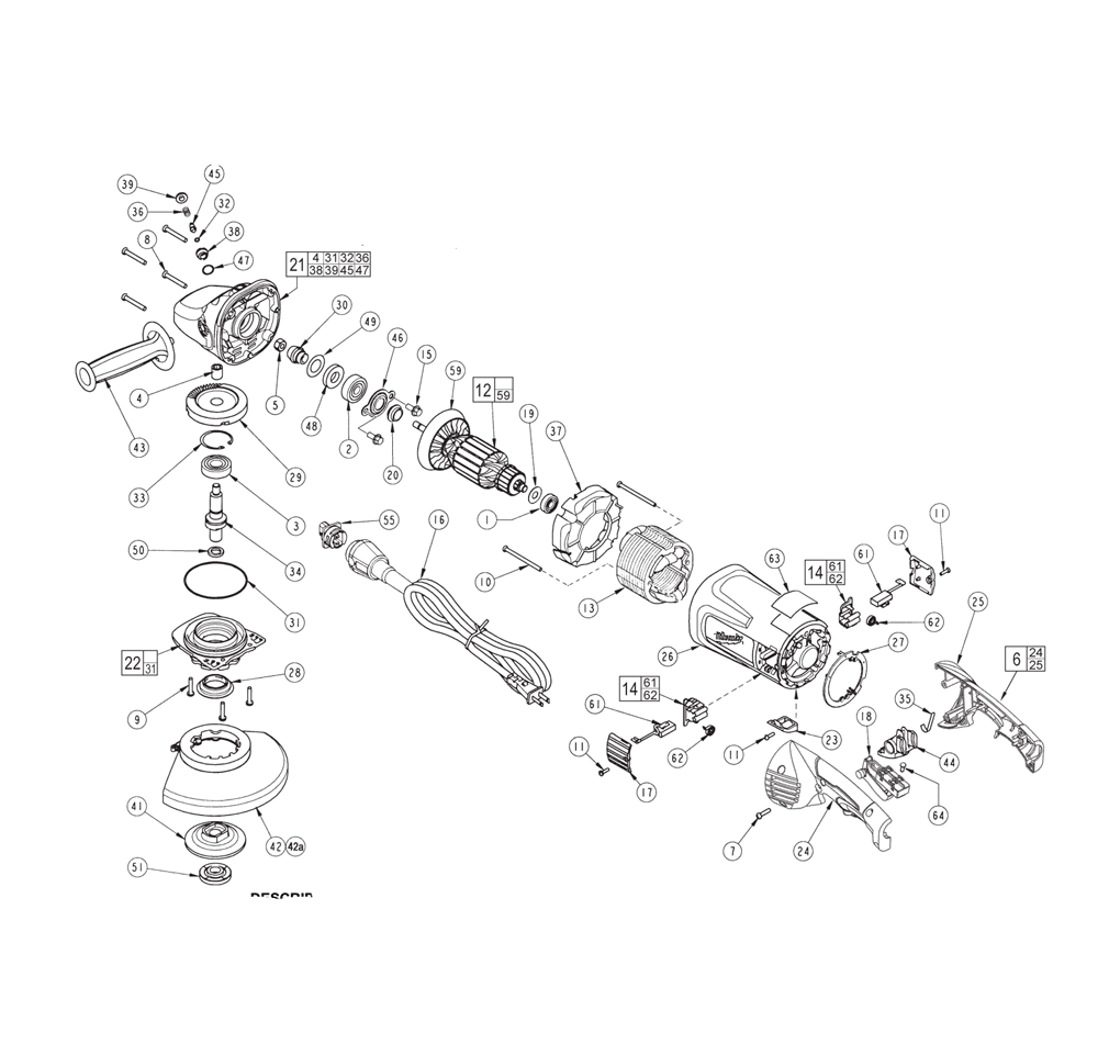 Fig-0 Diagram and Parts List for 6089-30 B45C Milwaukee Angle Grinder