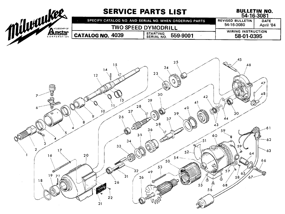 Fig-0 Diagram and Parts List for 4039-2 559-9001 Milwaukee Electric Drill