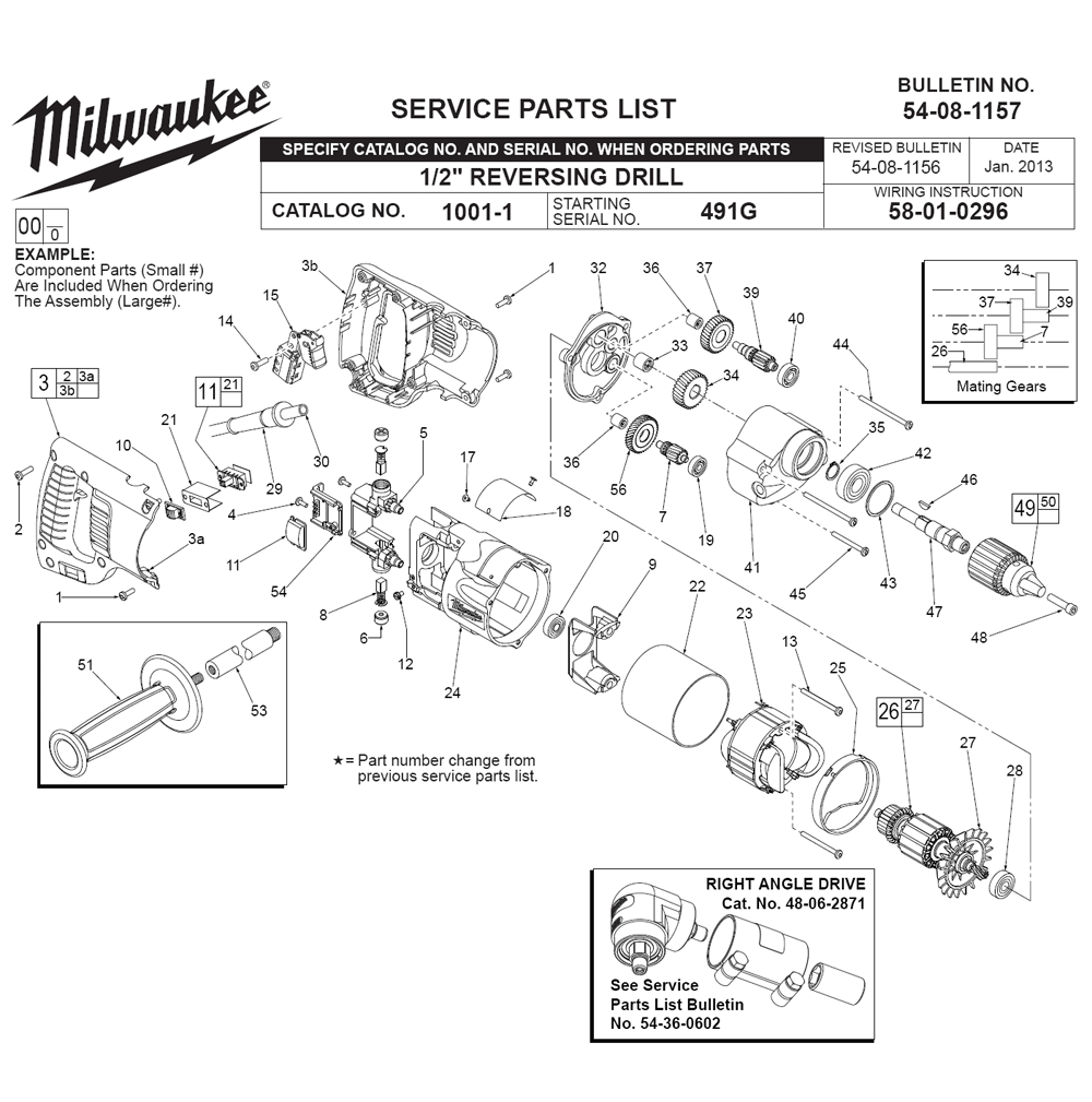 Fig-0 Diagram and Parts List for 1001-1 491G Milwaukee Electric Drill