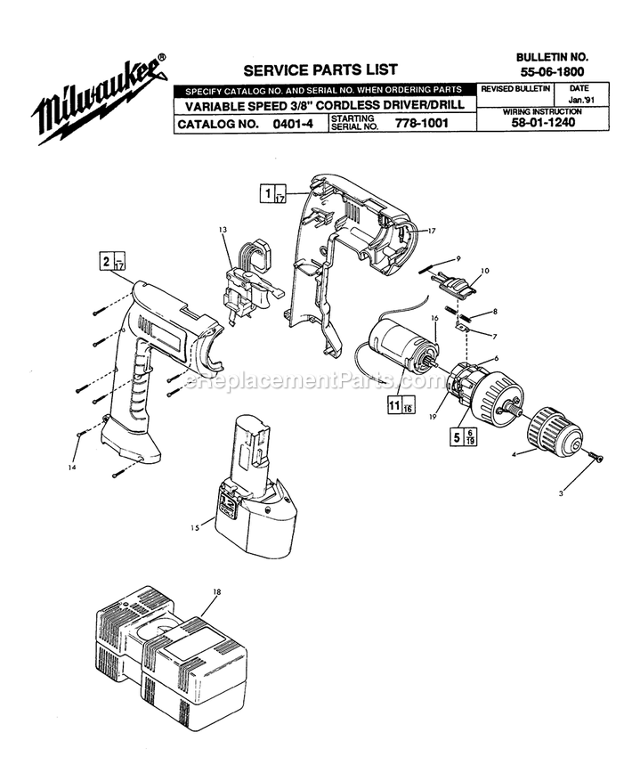 Page A Diagram and Parts List for 0401-4 778-1001 Milwaukee Electric Drill
