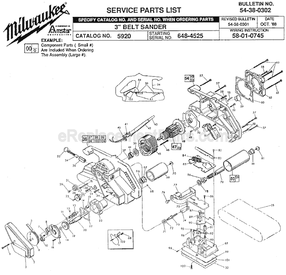 Page A Diagram and Parts List for 5920 SER 648-4525 Milwaukee Belt or Drum Sander