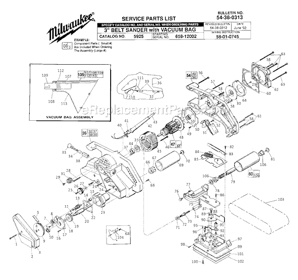 Page A Diagram and Parts List for 5925 SER 658-12002 Milwaukee Belt or Drum Sander