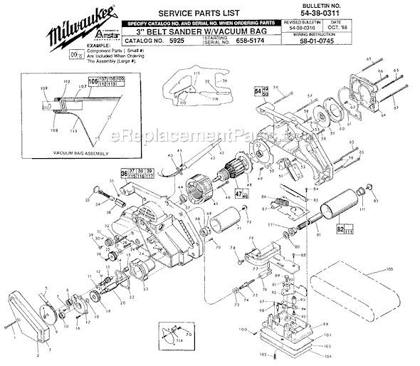 Page A Diagram and Parts List for 5925 SER 658-5174 Milwaukee Belt or Drum Sander
