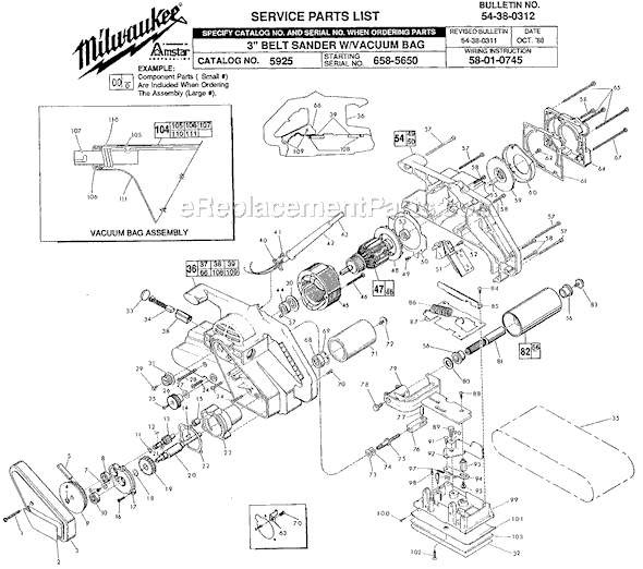 Page A Diagram and Parts List for 5925 SER 658-5650 Milwaukee Belt or Drum Sander