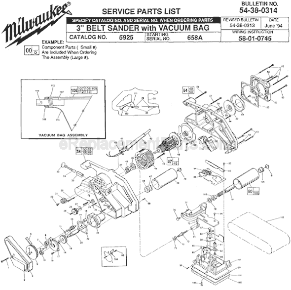 Page A Diagram and Parts List for 5925 SER 658A Milwaukee Belt or Drum Sander