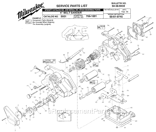Page A Diagram and Parts List for 5931 SER 766-1001 Milwaukee Belt or Drum Sander