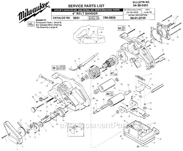 Page A Diagram and Parts List for 5931 SER 766-2804 Milwaukee Belt or Drum Sander