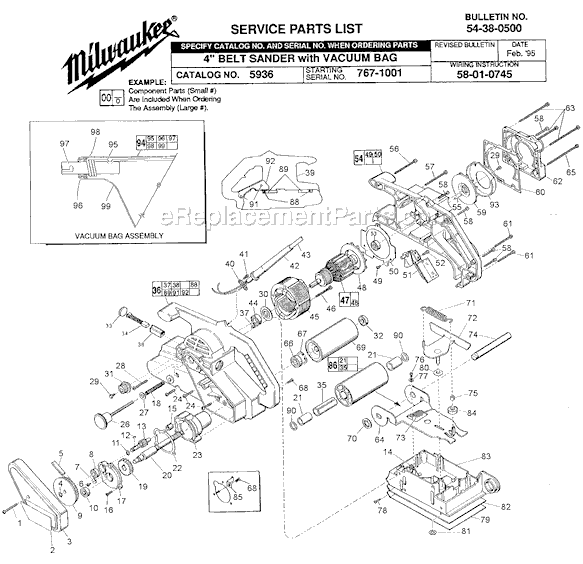 Page A Diagram and Parts List for 5936 SER 767-1001 Milwaukee Belt or Drum Sander