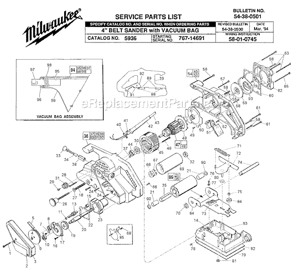 Page A Diagram and Parts List for 5936 SER 767-14691 Milwaukee Belt or Drum Sander