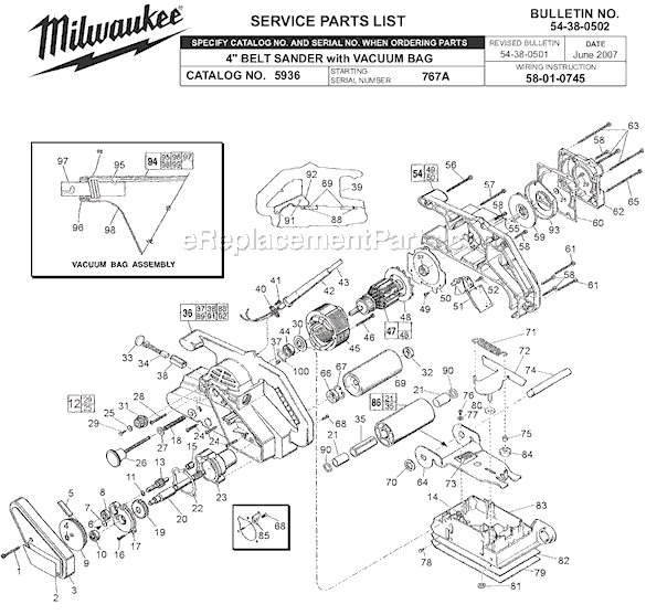 Page A Diagram and Parts List for 5936 SER 767A Milwaukee Belt or Drum Sander