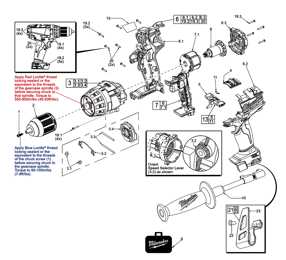 Fig-0 Diagram and Parts List for 2603-059 F18A Milwaukee Electric Drill