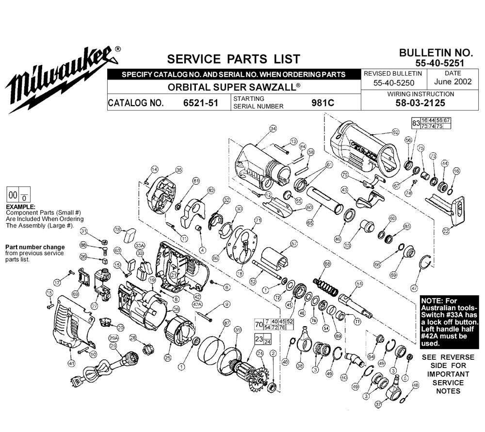 Fig-0 Diagram and Parts List for 6521-51 981C Milwaukee Saw