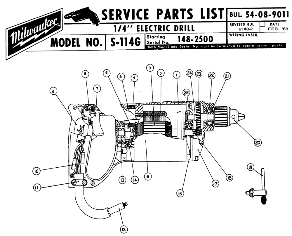 Fig-0 Diagram and Parts List for S114G 148-2500 Milwaukee Electric Drill