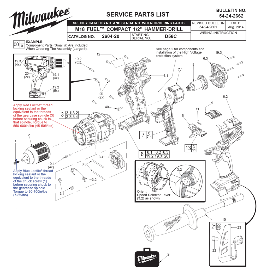 Fig-0 Diagram and Parts List for 2604-22 D56C Milwaukee Cordless Drill