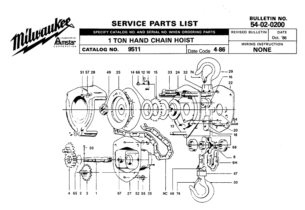 Fig-0 Diagram and Parts List for 9511 4-86 Milwaukee Hoist & Winch
