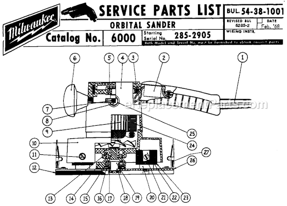 Page A Diagram and Parts List for 6000 SER 285-2905 Milwaukee Orbital or Palm Sander