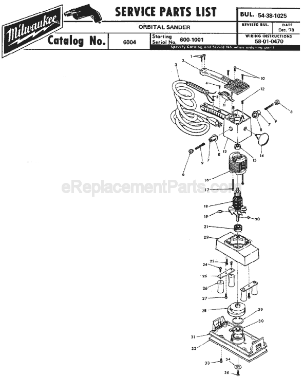 Page A Diagram and Parts List for 6004 SER 600-1001 Milwaukee Sander Polisher