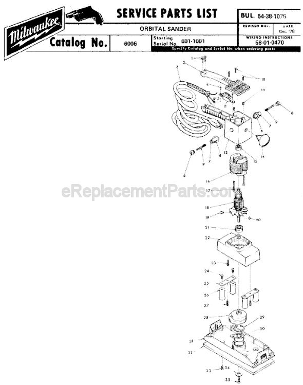 Page A Diagram and Parts List for 6006 SER 601-1001 Milwaukee Sander Polisher
