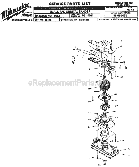 Page A Diagram and Parts List for 6012 SER 661-1001 Milwaukee Sander Polisher
