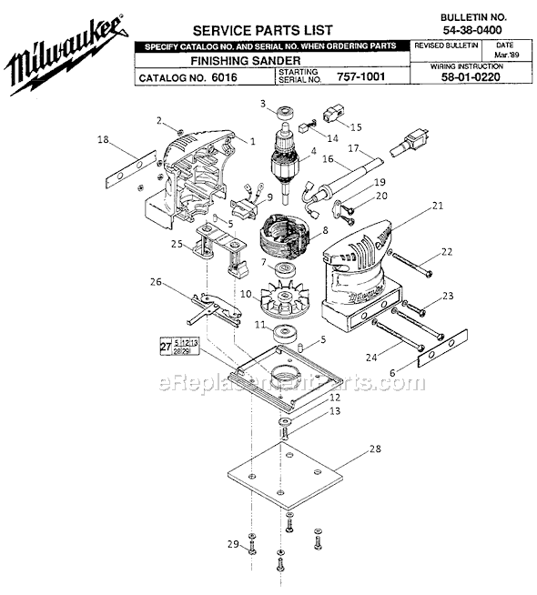Page A Diagram and Parts List for 6016 SER 757-1001 Milwaukee Sander Polisher