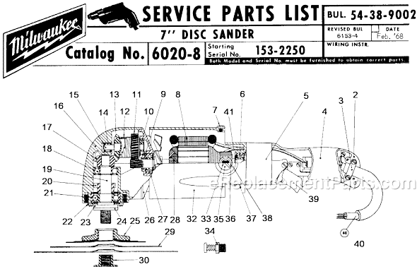 Page A Diagram and Parts List for 6020-8 SER 153-2250 Milwaukee Sander Polisher