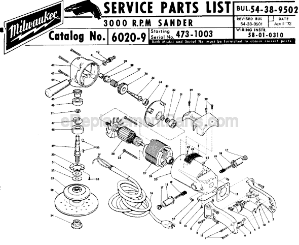 Page A Diagram and Parts List for 6020-9 SER 473-1003 Milwaukee Sander Polisher