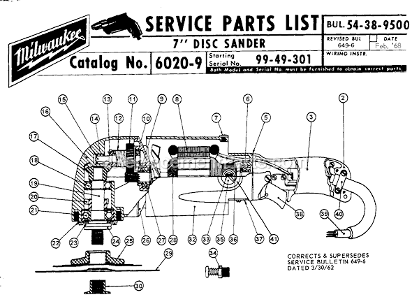 Page A Diagram and Parts List for 6020-9 SER 99-49-301 Milwaukee Sander Polisher