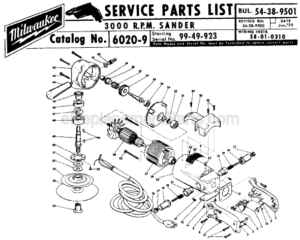 Page A Diagram and Parts List for 6020-9 SER 99-49-923 Milwaukee Sander Polisher