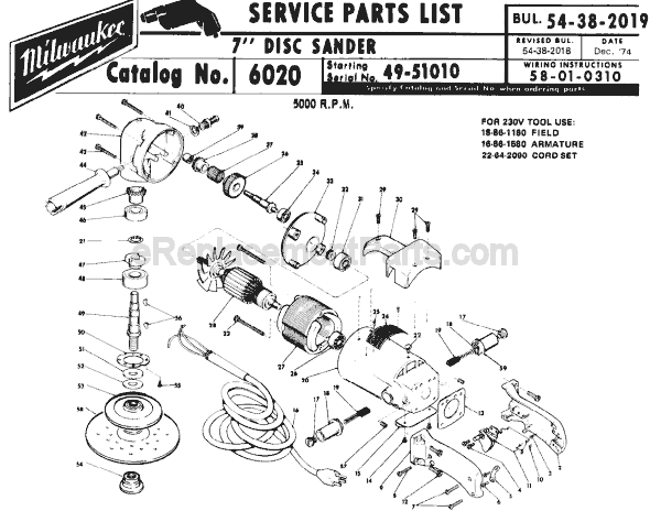 Page A Diagram and Parts List for 6020 SER 49-51010 Milwaukee Sander Polisher