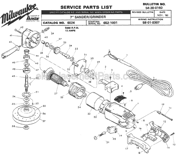 Page A Diagram and Parts List for 6024 SER 652-1001 Milwaukee Sander Grinder