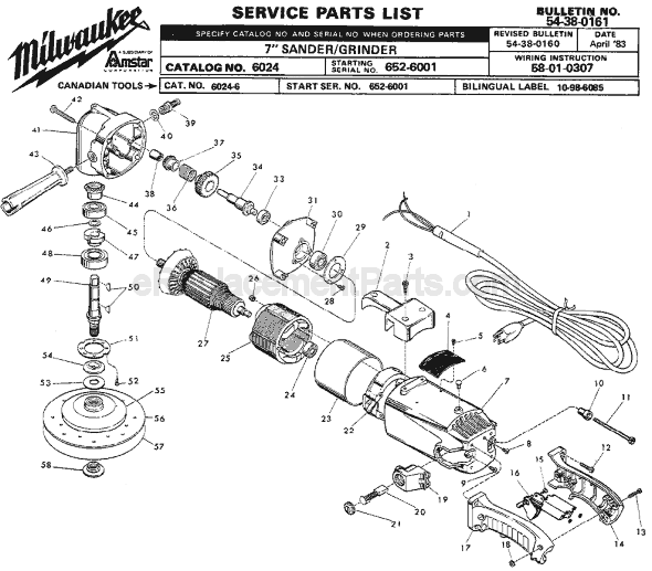 Page A Diagram and Parts List for 6024 SER 652-6001 Milwaukee Sander Grinder