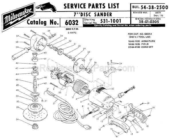 Page A Diagram and Parts List for 6032 SER 531-1001 Milwaukee Sander Polisher