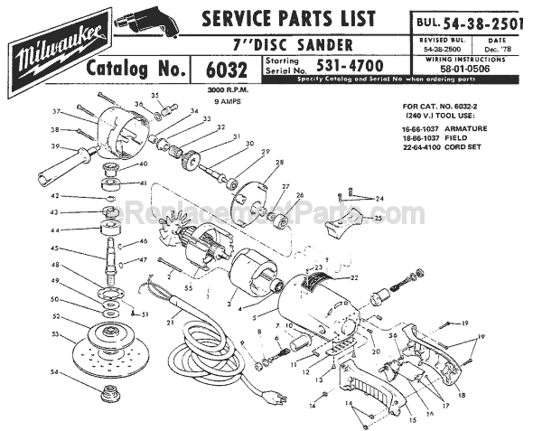 Page A Diagram and Parts List for 6032 SER 531-4700 Milwaukee Sander Polisher
