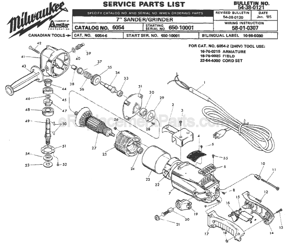 Page A Diagram and Parts List for 6054 SER 650-10001 Milwaukee Sander Grinder