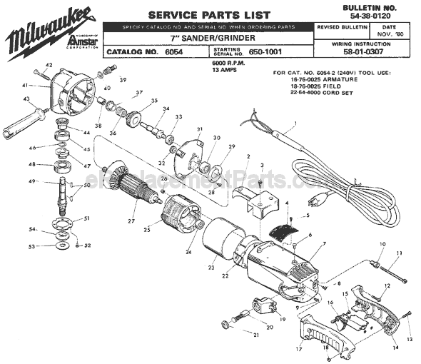 Page A Diagram and Parts List for 6054 SER 650-1001 Milwaukee Sander Grinder