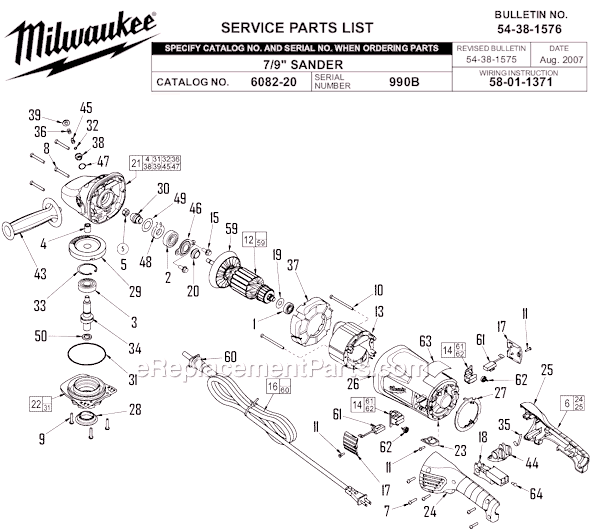 Page A Diagram and Parts List for 6082-20 SER 990B Milwaukee Sander Polisher