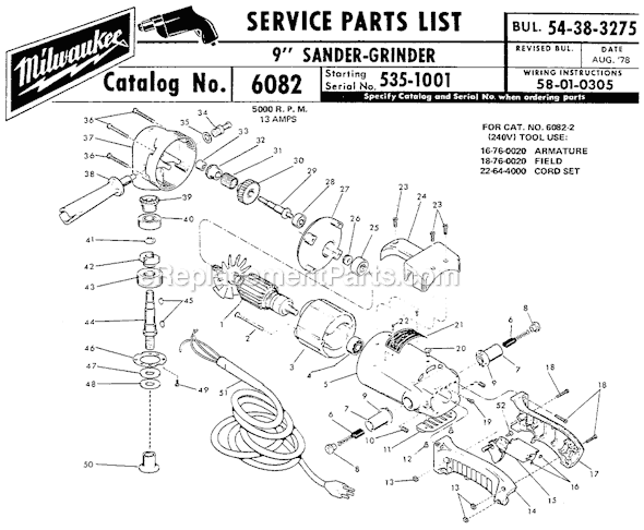 Page A Diagram and Parts List for 6082 SER 535-1001 Milwaukee Sander Polisher