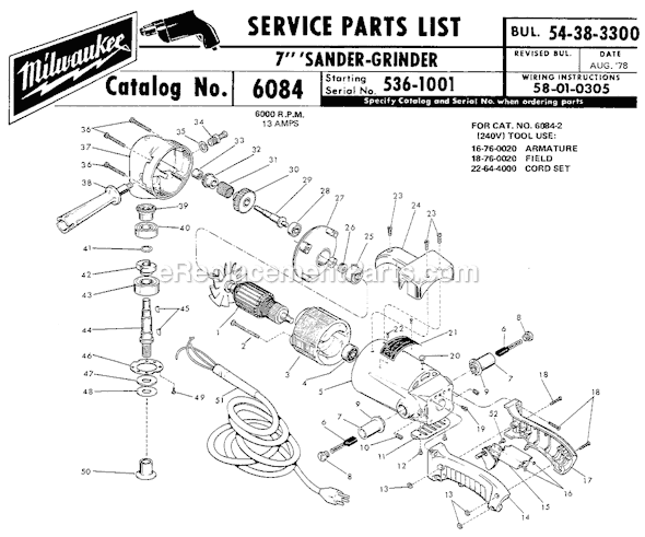 Page A Diagram and Parts List for 6084 SER 536-1001 Milwaukee Sander Polisher