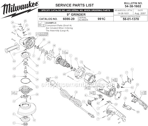 Page A Diagram and Parts List for 6086-20 SER 911C Milwaukee Sander Grinder