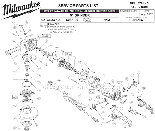 Page A Diagram and Parts List for 6086-20 SER 991A Milwaukee Sander Grinder