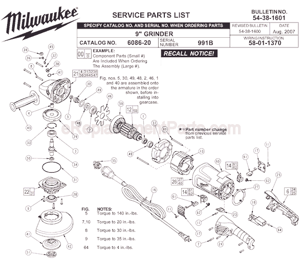 Page A Diagram and Parts List for 6086-20 SER 991B Milwaukee Sander Grinder