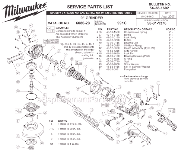 Page A Diagram and Parts List for 6086-20 SER 991C Milwaukee Sander Grinder