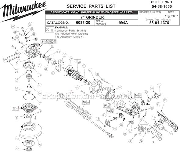 Page A Diagram and Parts List for 6088-20 SER 994A Milwaukee Sander Grinder