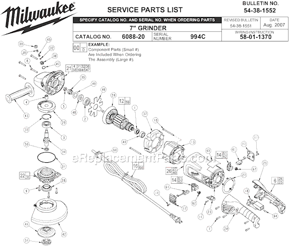 Page A Diagram and Parts List for 6088-20 SER 994C Milwaukee Sander Grinder